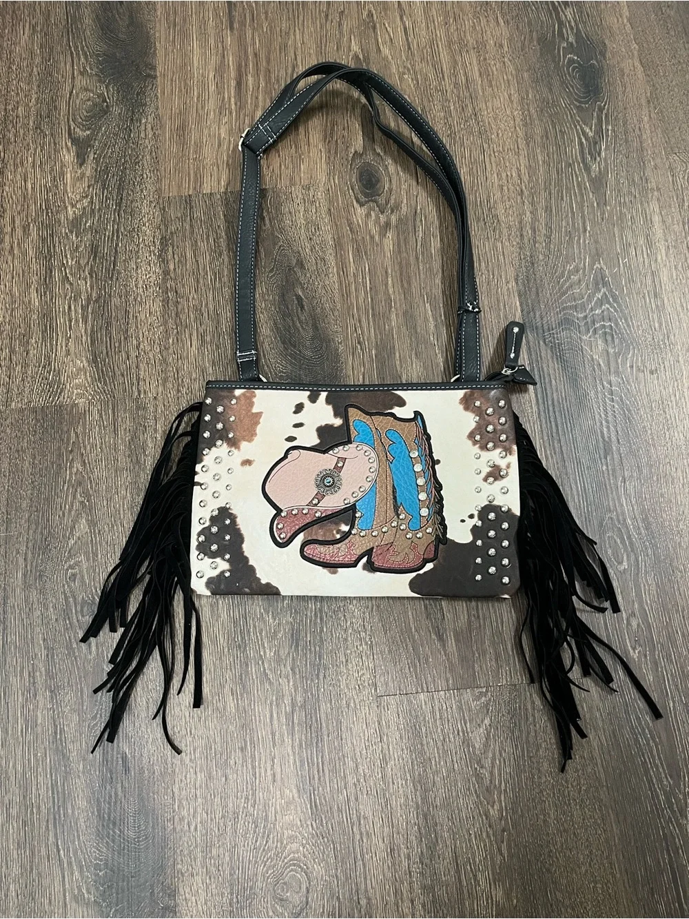 Western Cow Print Fringe Shoulder Bag | Cowboy Boot & Hat Purse | NWT